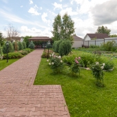 Плитка, ландшафт, травка, кустарники.